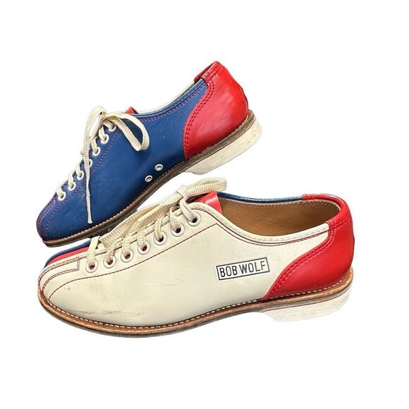 BOB WOLF Vintage Bowling Shoes Red Blue Tan Size 6.5-7 - Picture 3 of 14